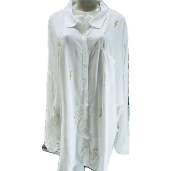 Torrid +5 White Sheer Button Embroidered Lightning Bolt Accent Long Sleeve Shirt - Picture 2 of 6